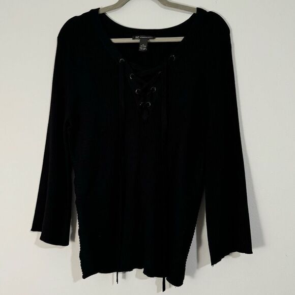 INC International Concepts Lace Up Eyelet V-Neck Ribbed Flare Sleeve Sweater XL - Picture 1 of 7